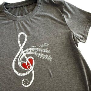 Music Treble Clef Heart Shirt Womens M Gray Singer Graphic Music Lover Tee